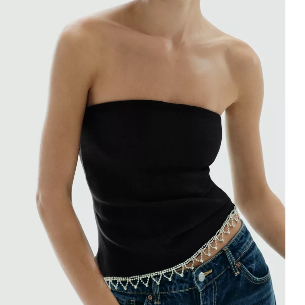 Zara NWT black tassel rhinestone embellishment fringe hem asymmetrical top